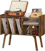 Lerliuo Record Player Stand with 4 Cabinet Holds Up to 220 Albums, Large Turntable Stand with Beech Wood Legs, Mid-Century Record Player Table,Brown Vinyl Holder Storage Shelf for Bedroom Living Room