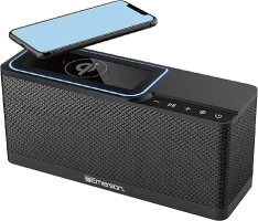 Emerson ER-BTW100 Portable Bluetooth Speaker with 20 Watt Stereo, QI Wireless Charging, Hands Free Calling and Additional USB Charging, Black