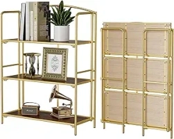 Crofy No Assembly Folding Bookshelf for Living Room, 3 Tier Gold Collapsible Book Shelf for Home Office, Portable Bookcase Storage Organizer