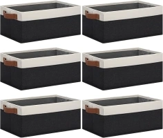 GhvyenntteS Storage Baskets for Organizing, Fabric Storage Bins with Leather H&les, Foldable Rectangular Storage Baskets for Shelves, Closets, Home, Office(Black/White, 6 Pack)11.8X7.9X5.1 in