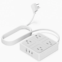 Flat Plug Power Strip, 5ft Round Extension Cord, 4 Outlets with 3 USB (2 USB C) 20W/4.0A, No Surge Protection, Wall Mount Small Power Strip for Travel Home Office College Dorm Essentials, ETL, White