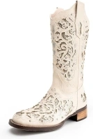 Huntarry Rhinestones Western Cowboy Boots for Women,Mid Calf Embroidery Pointed Toe Chunky Block Heel Boots Pull on Wedding Glitter Knee High Boots