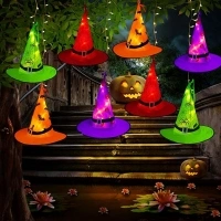 Tcamp Halloween Decorations Lighted Witch Hats Lights, 8Pcs Hanging Glowing Witch Hats with 44ft 104LED Halloween Lights String for Indoor, Outdoor, Yard, Tree Decor (8 Lighting Modes