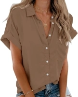 Beautife Womens Short Sleeve Shirts V Neck Collared Button Down Shirt Tops with Pockets