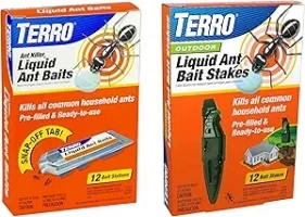 Bundle of TERRO T300B Liquid Ant Killer, 12 Bait Stations + TERRO T1813B Outdoor Ready-to-Use Liquid Ant Bait Stake Killer Trap - Kills Common Household Ants