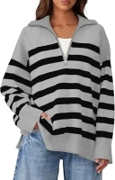 WIHOLL Womens Sweaters Long Sleeve Casual Half Zip Lapel Collar Stripe Pullover Tops Side Slit Sweaters Fashion Clothes