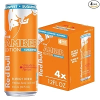 Red Bull Amber Edition Sugar Free Energy Drink, Strawberry Apricot, with 114mg Caffeine plus Taurine & B Vitamins, 12 Fl Oz, Pack of 4 Cans