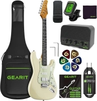 GEARit Electric Guitar Kit Bundle (Premium Mahogany Tonewood) GST-100 Mission Series, 39in Full-Size, Beginner Starter, with Amplifier, HSS Pickups w/Coil Split, Gig Bag, Accessories - Thrasher White