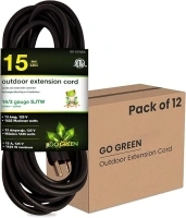 Go Green Power Inc. (GG-13715BK-M) 16/3 SJTW Outdoor Extension Cord, Black, 15 ft, 12 Pack