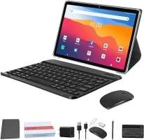 2024 Newest 2 in 1 Tablet 128GB Storage+1TB Expand 10 inch Tablets, 2.4G&5G WIFI Tablet PC, Android 12 Tablet with Keyboard, Octa Core HD Touchscreen 13MP Dual Camera GMS Tablet with Case Mouse (Gray)