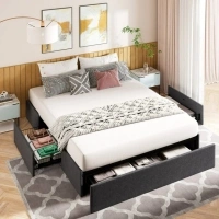 Amolife Queen Size Upholstered Platform Bed Frame with 3 Storage Drawers and Wooden Slats, Dark Gray