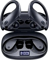 GNMN Wireless Earbuds Bluetooth Headphones Over Ear Buds 90H Playback IPX7 Waterproof Sports Earphones Deep Bass with Wireless Charging Case Dual LED Power Display Earhooks Headset for Running Black