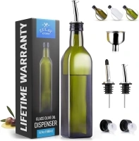 Zulay Olive Oil Dispenser For Kitchen, Glass Oil Container With Spout, Oil Decanter/Cruet Dispenser, Bottle Dispenser With Pourers and Funnel, 17oz Bottle (Green)