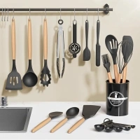 Kitsure Kitchen Utensils Set - 30 PCS, Silicone Cooking Utensils Set with Holder, 446℉ Heat-Resistant Silicone Kitchen Utensils Set with Wooden Handle for Non-Stick Cookware, Black