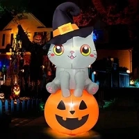 GOOSH 6 FT Halloween Inflatables Cat Outdoor Decorations Blow Up Yard Cute Wizard Cat Sitting Pumpkin with Built-in LEDs for Garden Lawn Indoor Party Decor