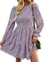 KIRUNDO Womens Fall Dresses Casual Long Sleeve Floral Dress Crewneck Smocked High Waist Ruffle A Line Flowy Mini Dress