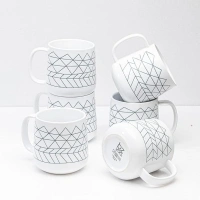 bzyoo Ceramics 14oz Coffee Mug Set of 6 - Tea Cups with Handle Ceramic Mug Set - Microwave and Dishwasher Safe, White with Blue Strip Spidy Collection